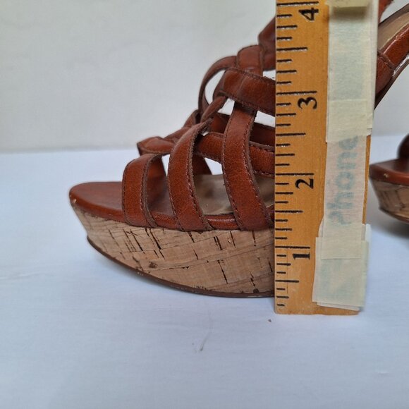 Y2K Bakers platform sandals strappy tan cognac leather cork caged chunky heels - Picture 5 of 12